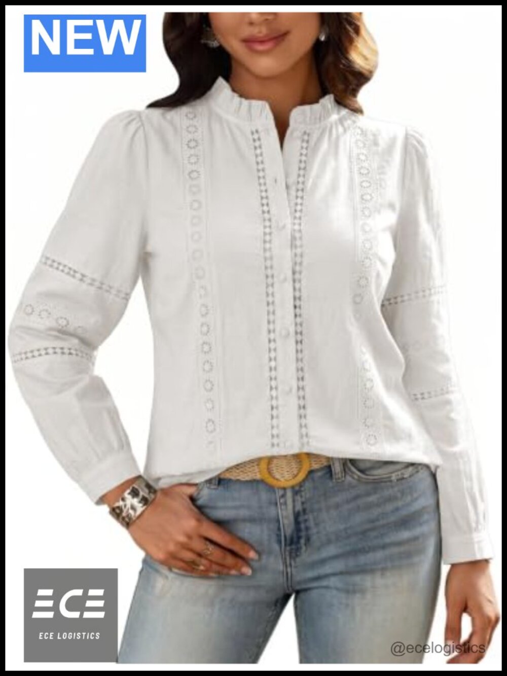 100% Cotton Eyelet Button Down Blouse with Lantern Sleeves
